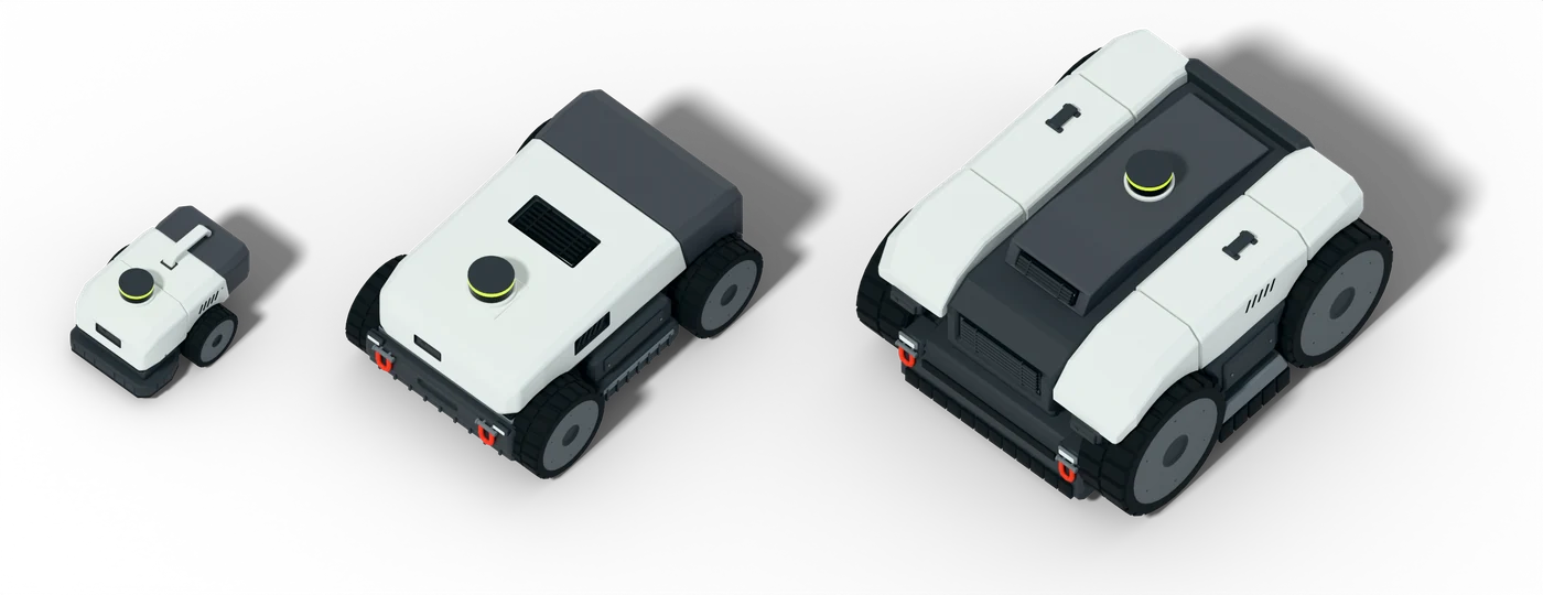 The three robot mowers side by side: the small Scout, the Ranger and the big Brute.