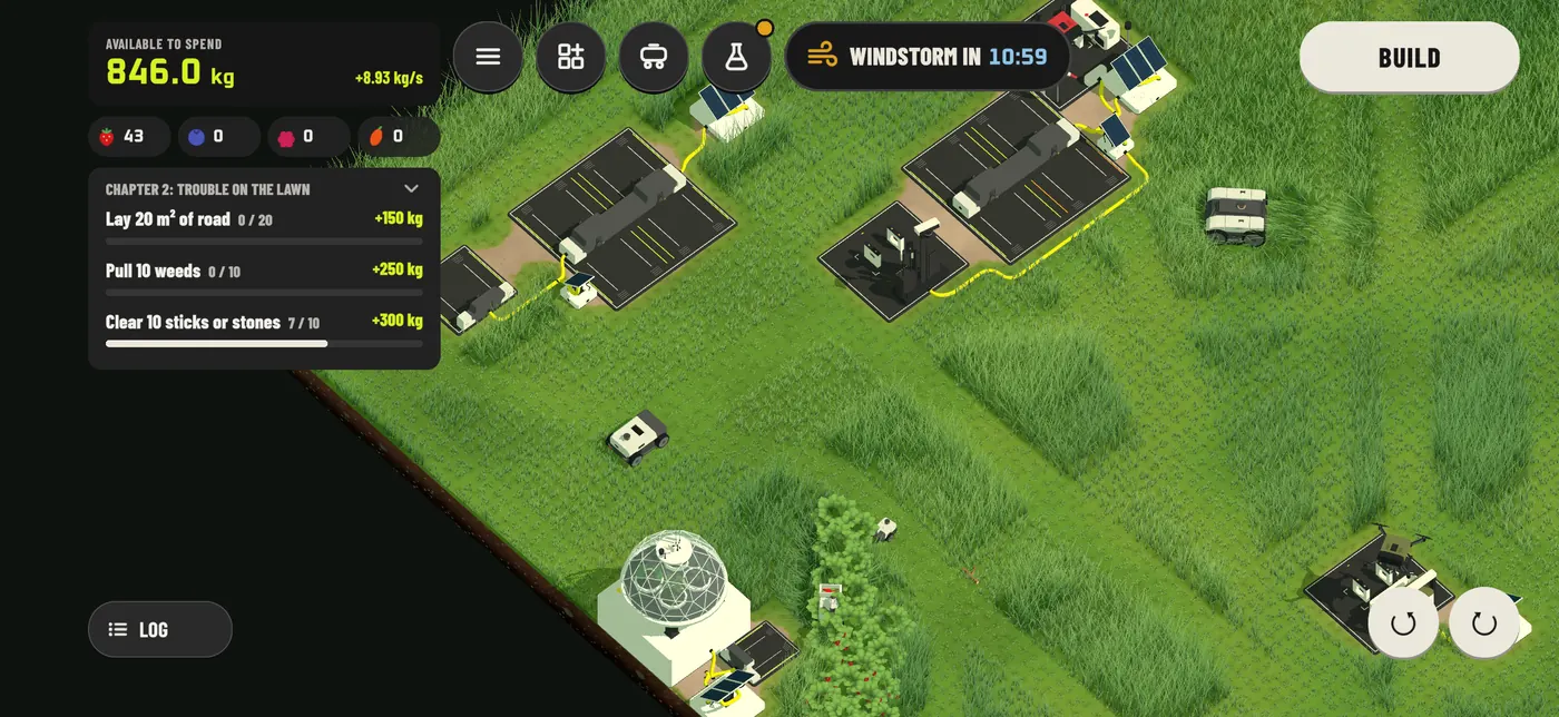 The game on a phone: a farm with chargers, solar panels, drone pads, the Research Station and a strawberry hedge, mowers at work, and the kg, berries and goals on the left.